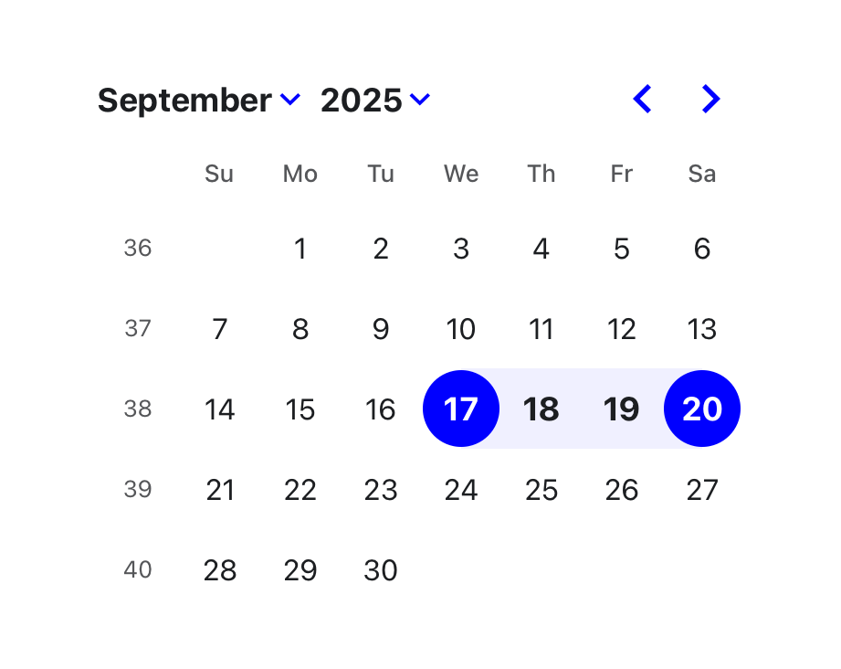 Screenshot of DayPicker displaying the September 2025 calendar, with the date range from the 17th to the 20th selected.
