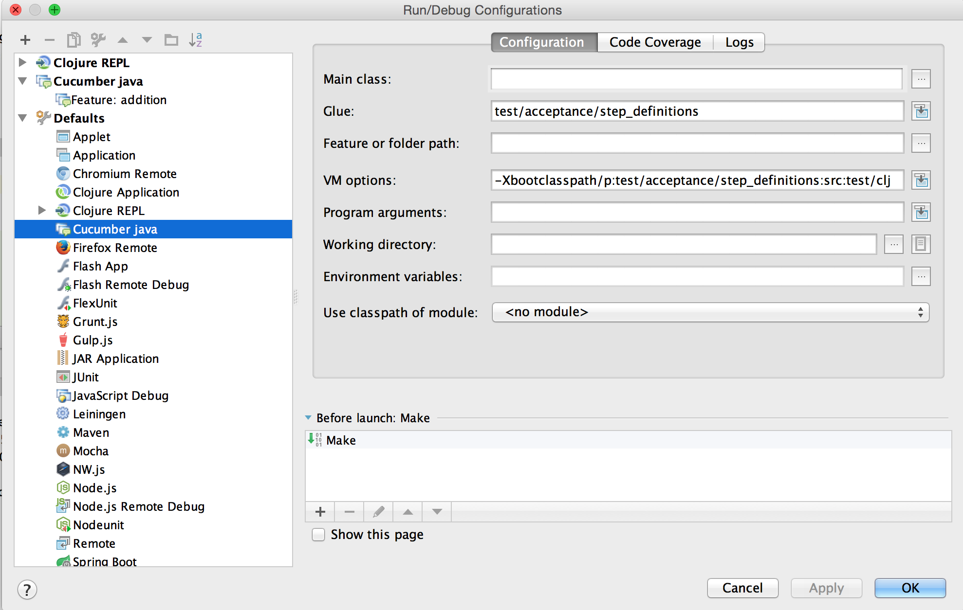 Defaults for cucumber-java configs