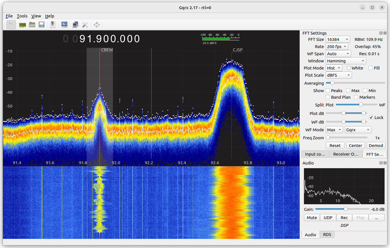 Screenshot of the main Gqrx window