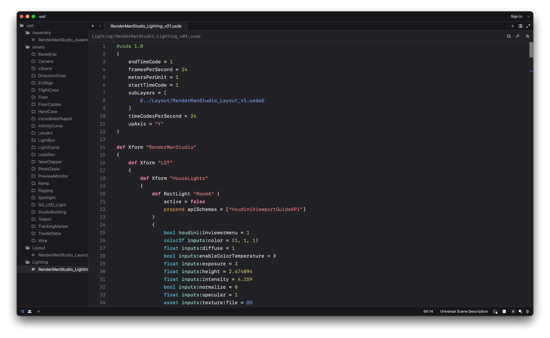 Syntax highlighting for USDA file preview. Theme - Xcode High Contrast Dark