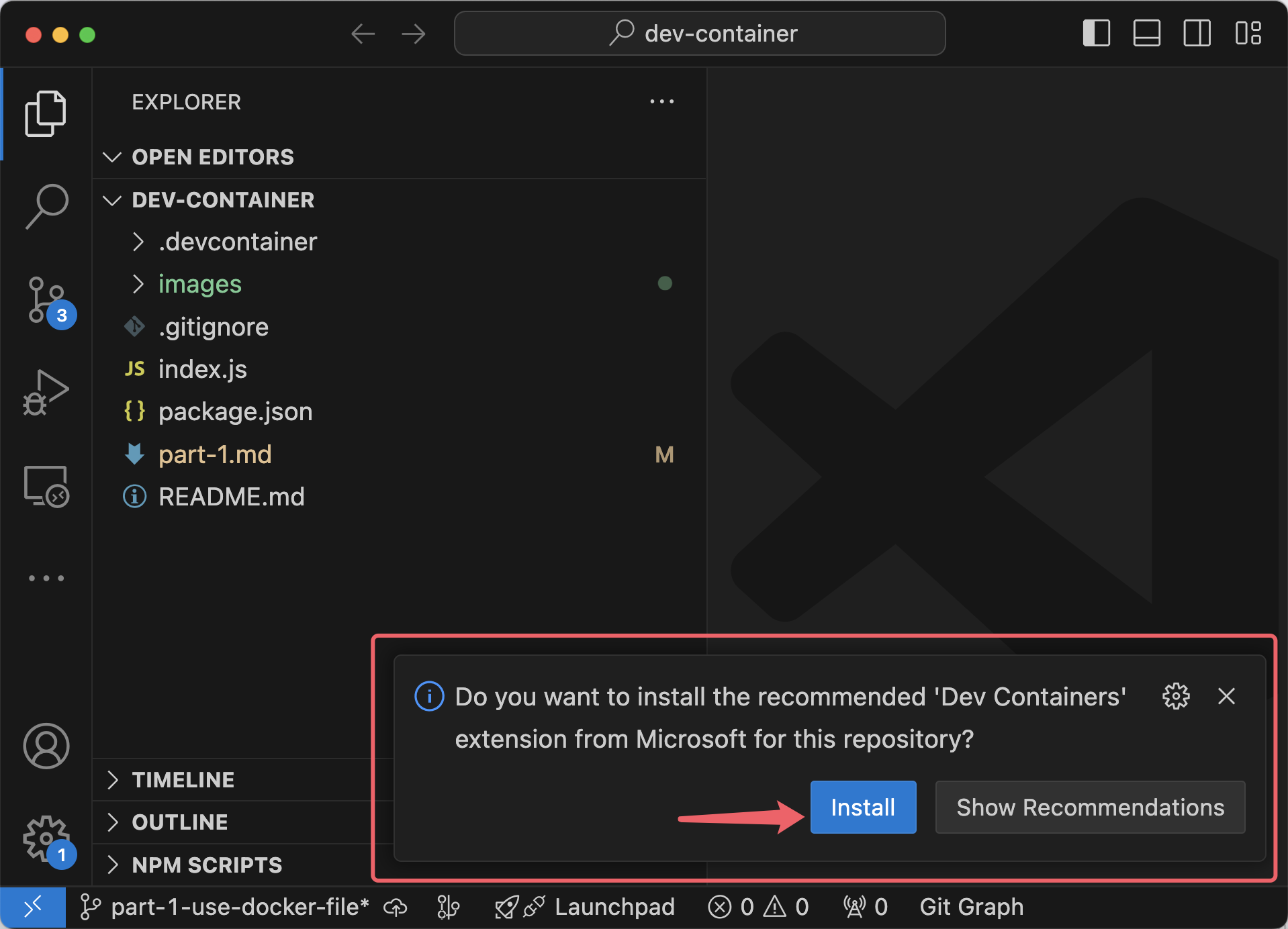 dev container installation prompt