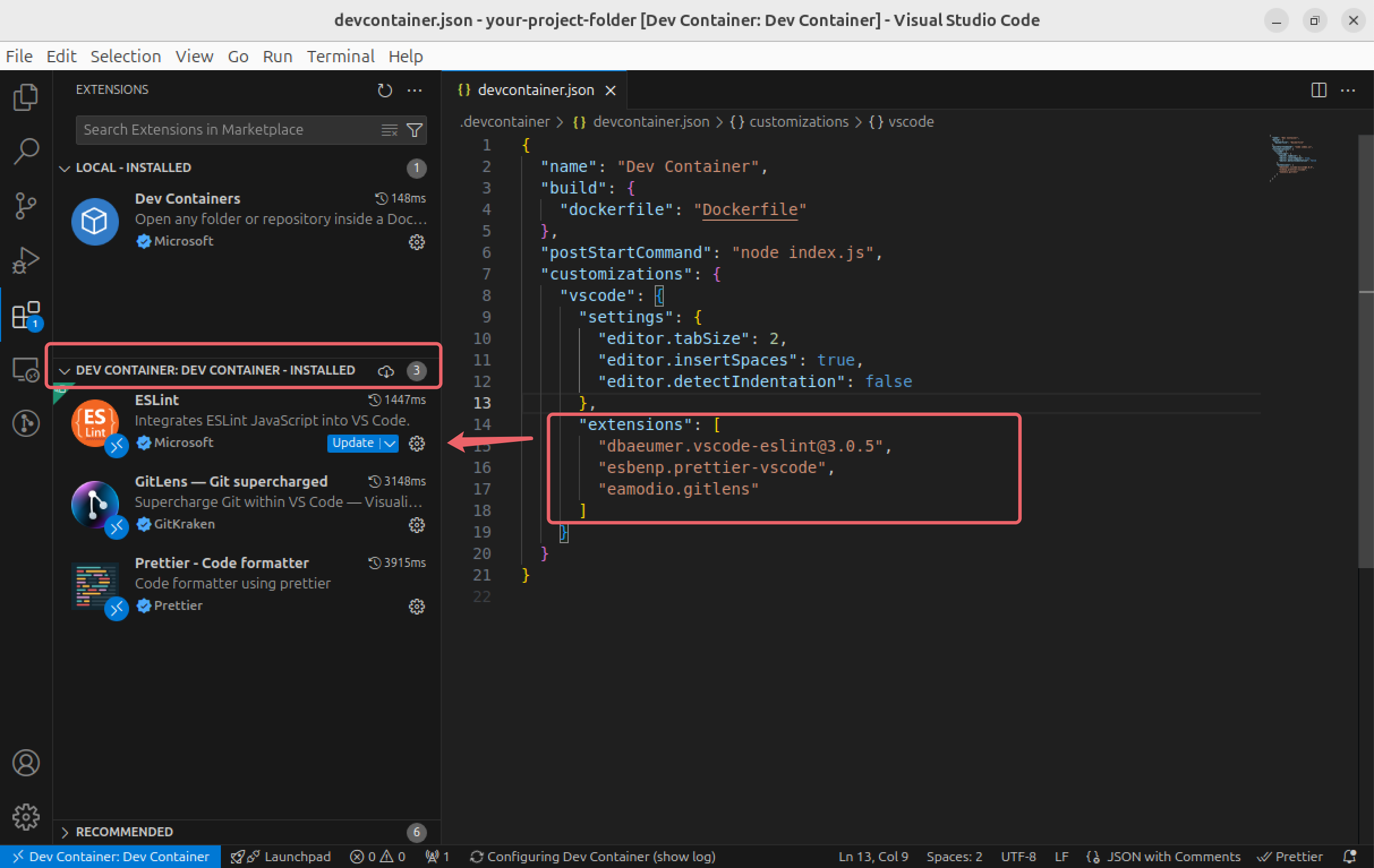 vs code extensions installed in dev container