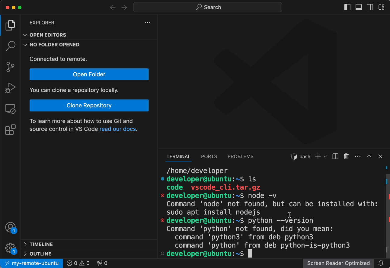 open folder and reopen in container and build