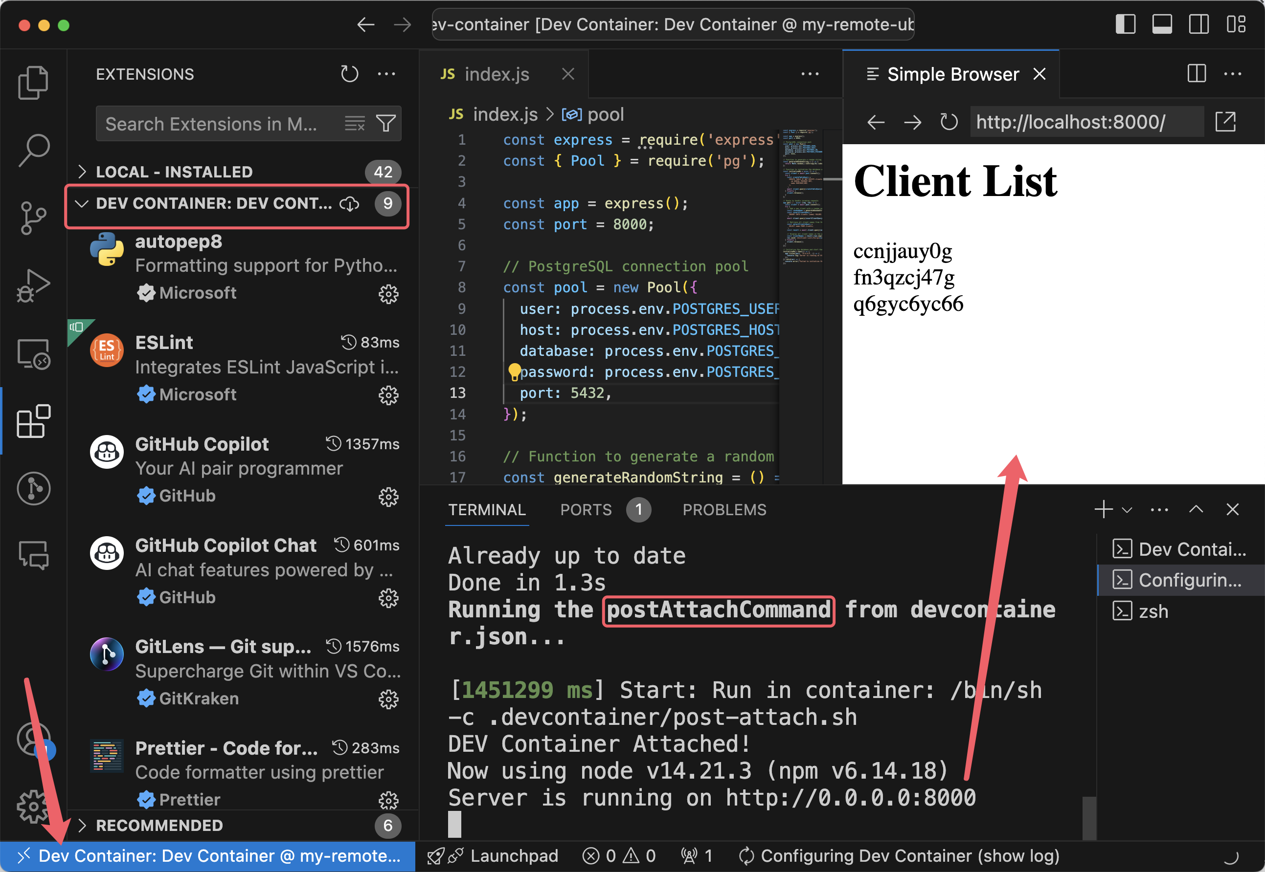 after container built - port mapping & lifecycle scripts & extensions & settings