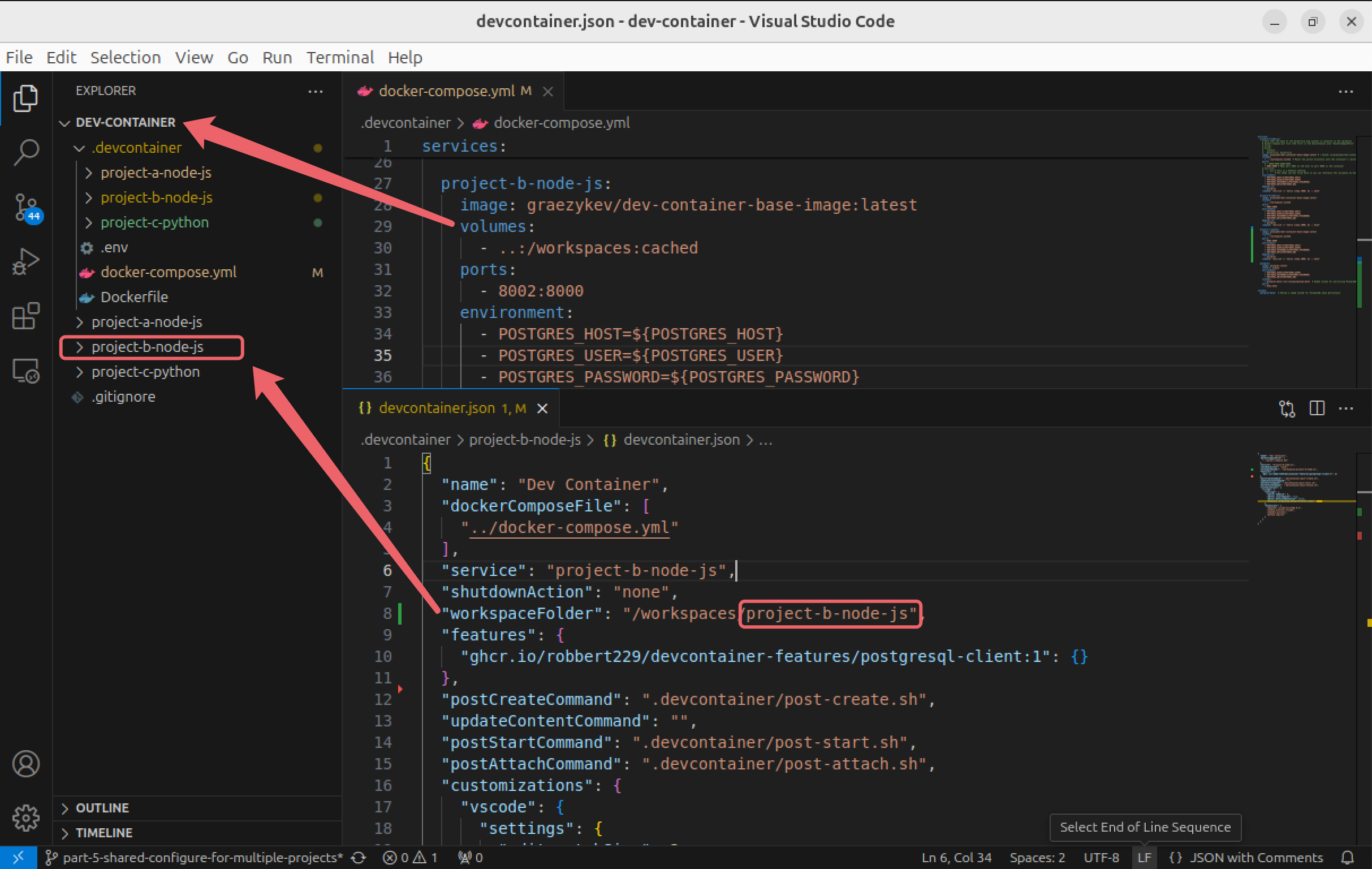 set workspaceFolder for the right dev container