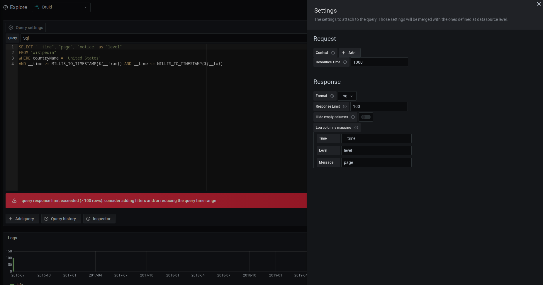 Query builder - settings - logs