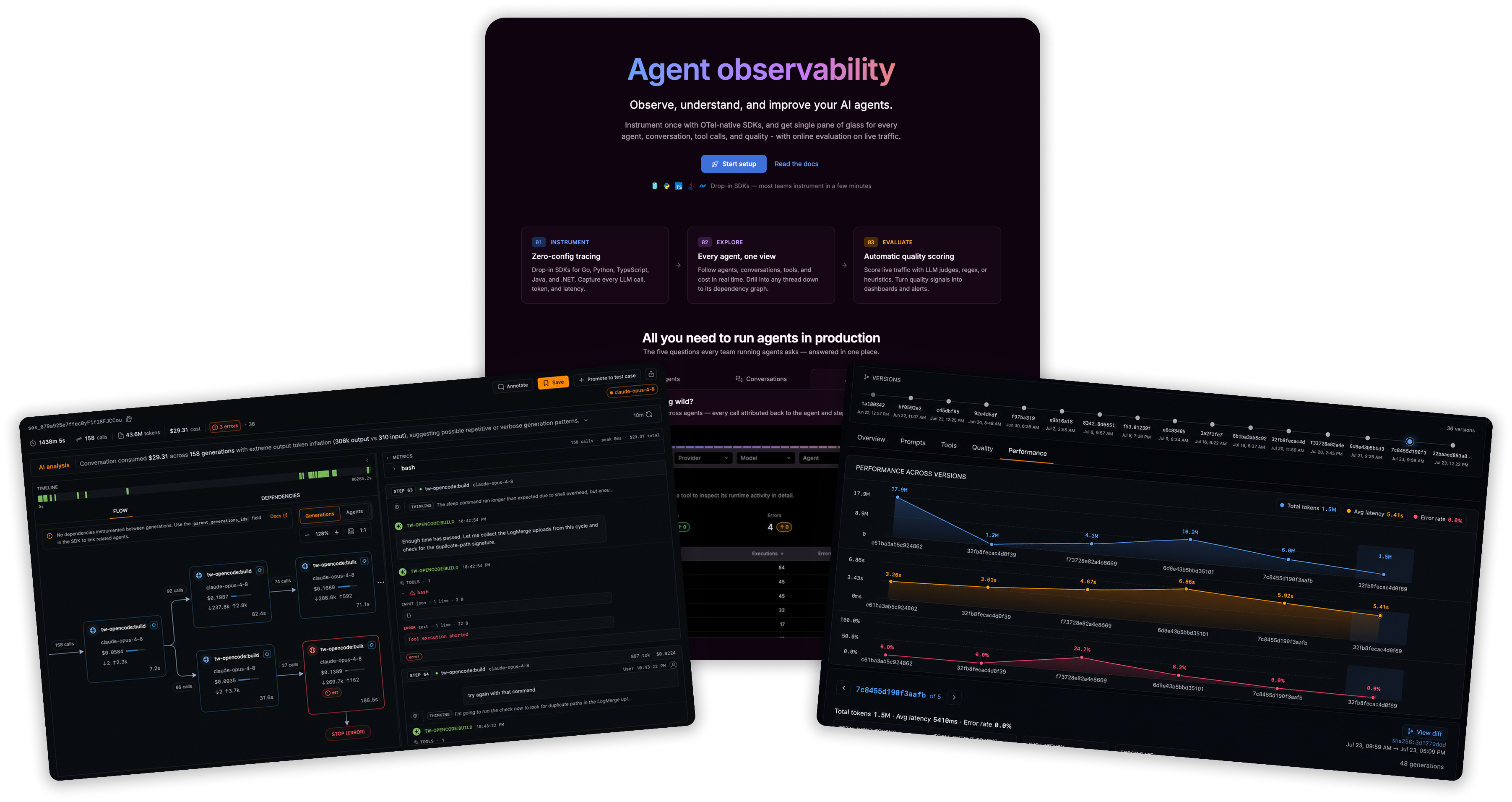 Grafana Agent observability landing, analytics, and conversation explore views