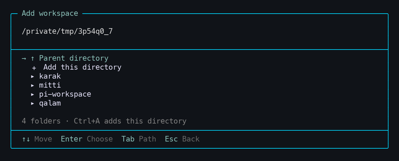 Pi Workspace directory browser showing parent navigation, Add this directory, and four sample project folders