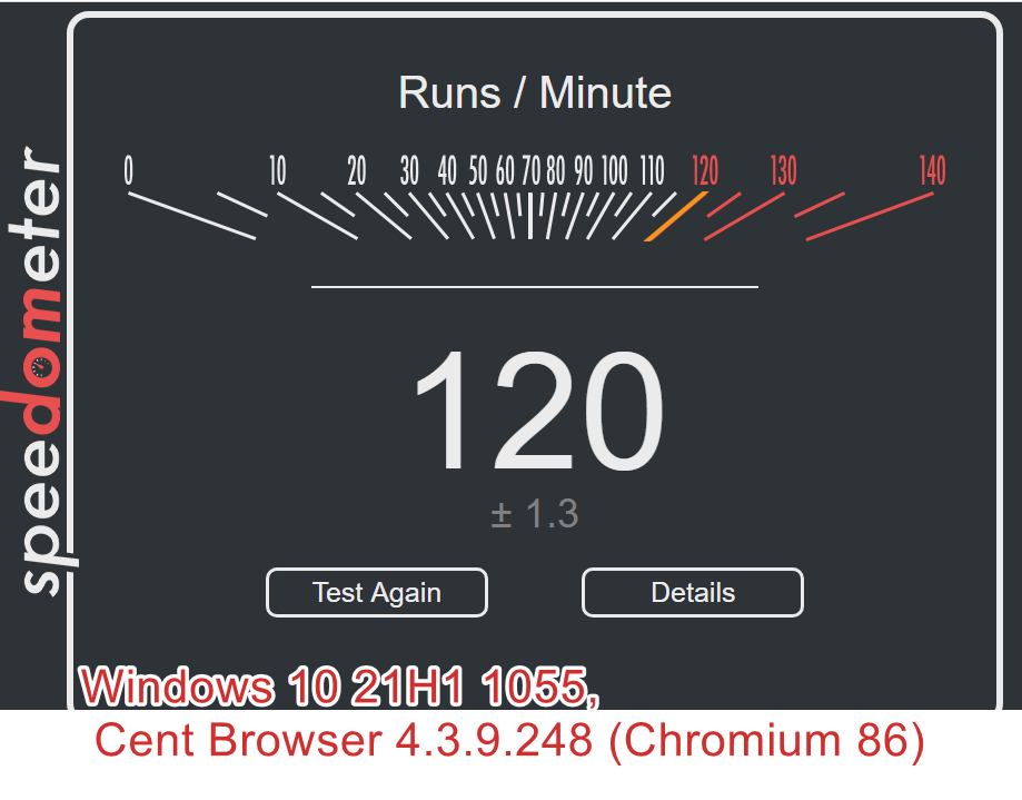 Cent Browser — Speedometer 2.0: 21H1 (1055)