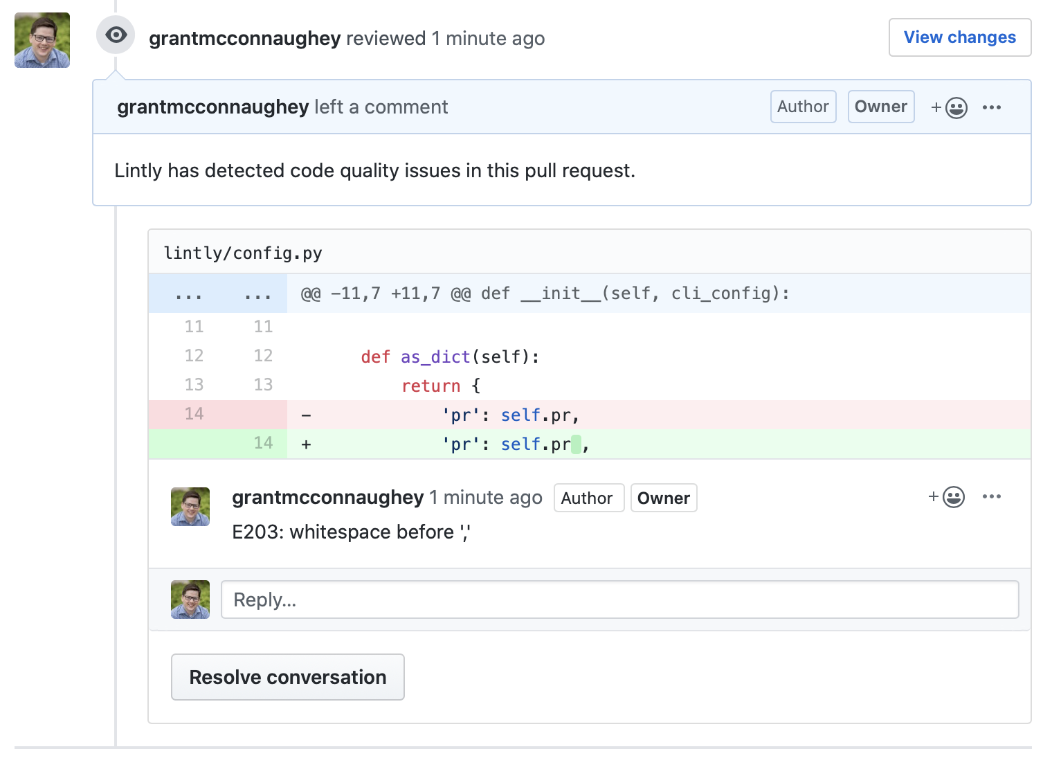 Lintly review on a pull request