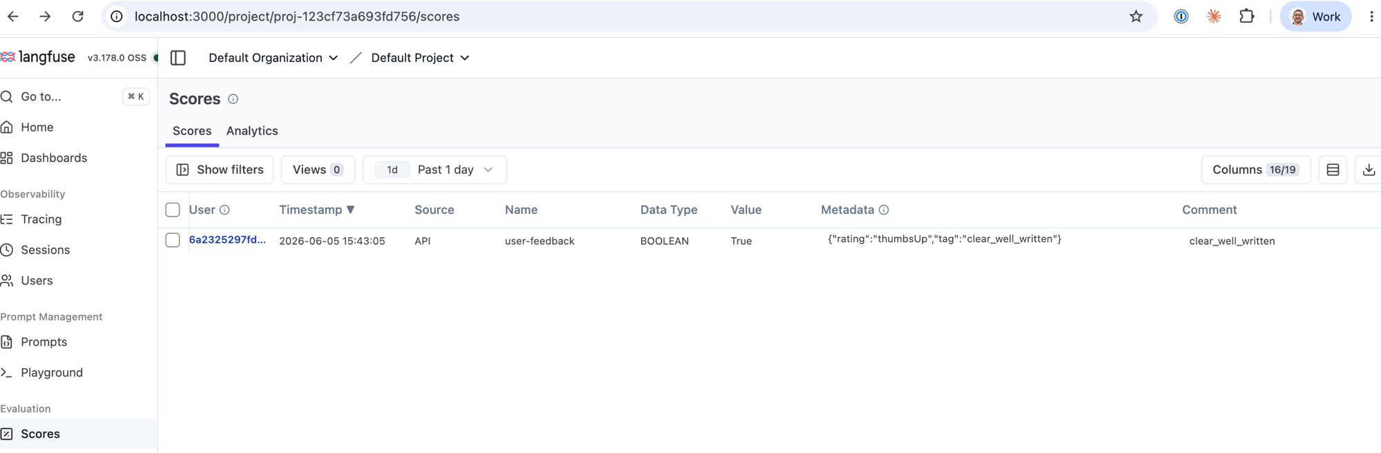 Langfuse Scores UI showing a user-feedback BOOLEAN score (thumbsUp / clear_well_written)