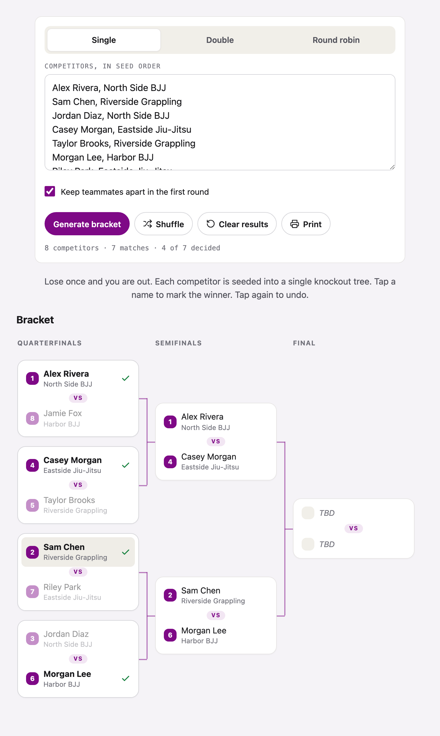 bjj-bracket web component showing an 8-competitor single elimination bracket with teammates kept apart and winners advanced