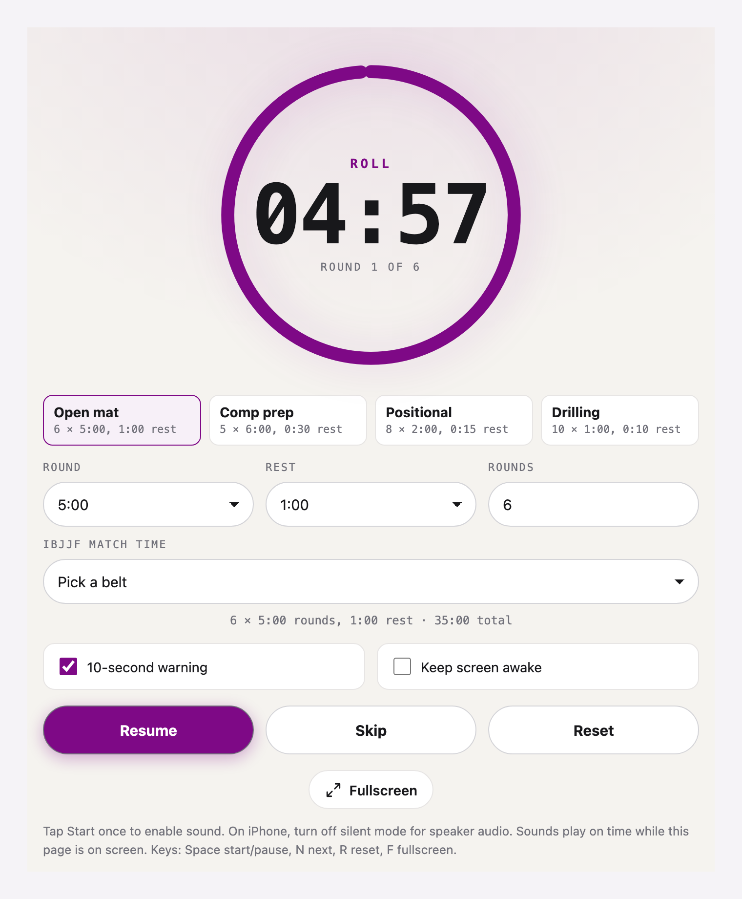 bjj-timer web component running a 5:00 round with round and rest presets, IBJJF match times, and fullscreen controls