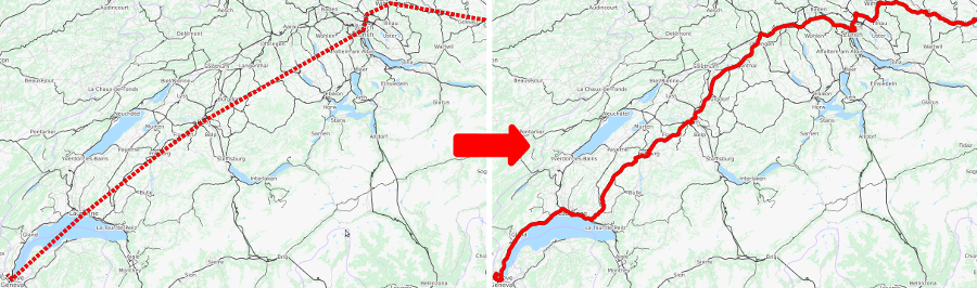 Left: station-to-station path of a single train through Switzerland obtained from schedule timetable data. Right: path of the same train map-matched by pfaedle.