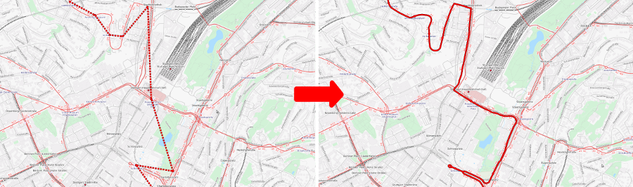 Left: station-to-station path of a single bus through Stuttgart obtained from official schedule data. Right: path of the same bus map-matched by pfaedle.