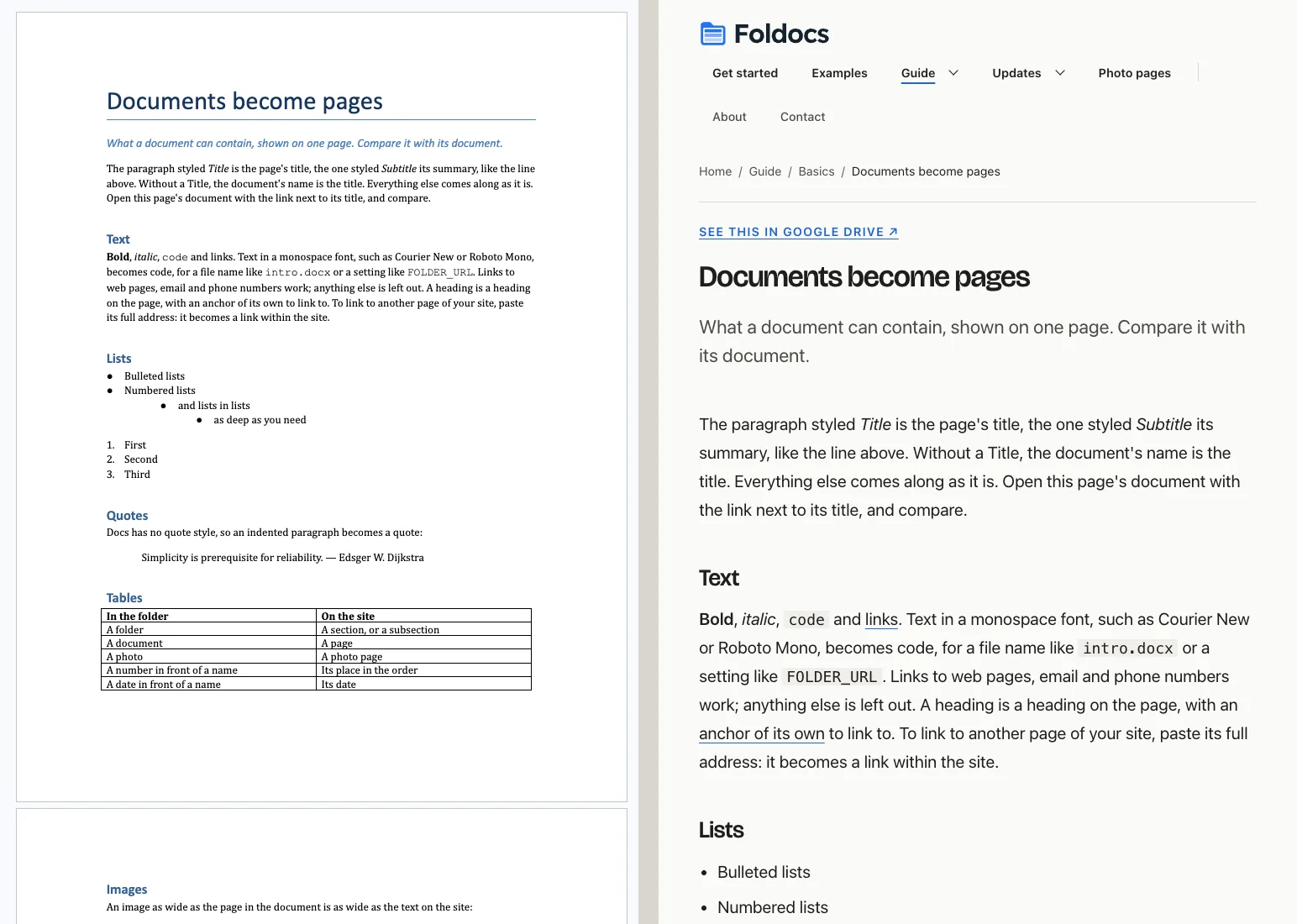 A Google Doc on the left, the page made from it on the right