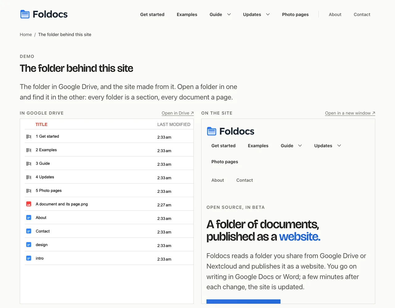 The public Google Drive folder on the left, the site built from it on the right