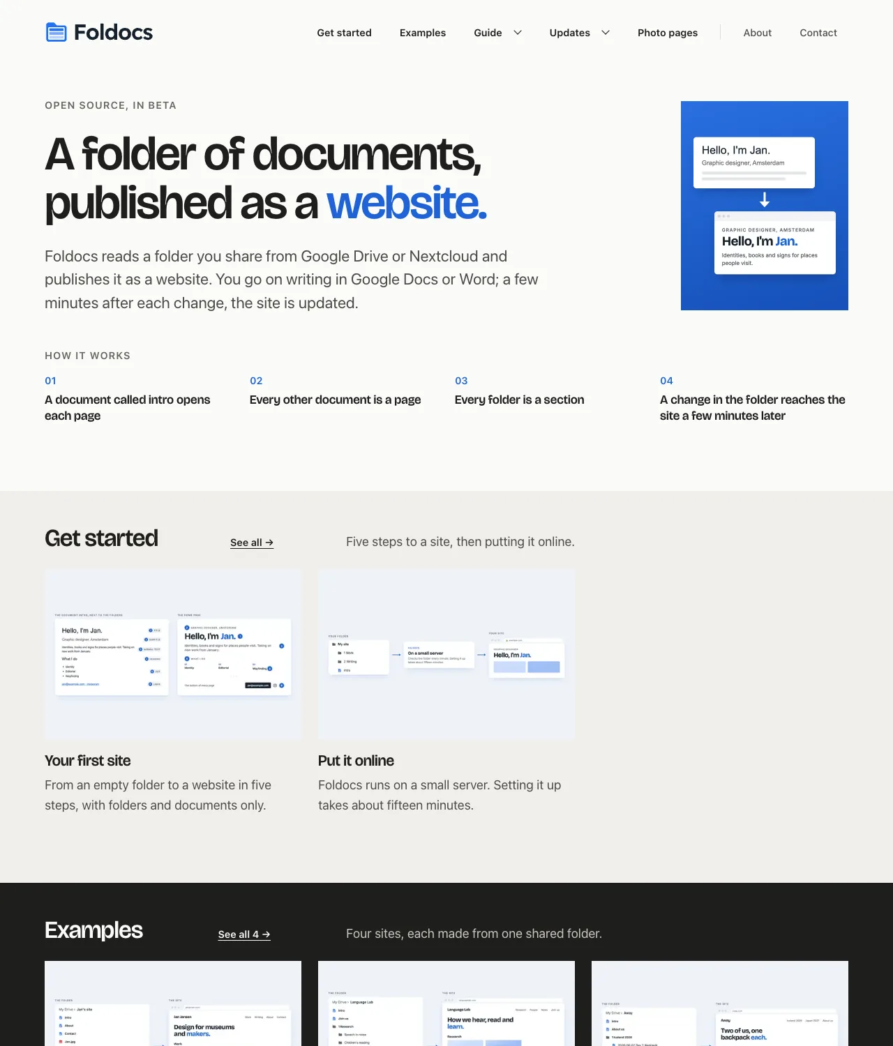 foldocs.com's home page: a headline, an intro, and a row per Drive folder