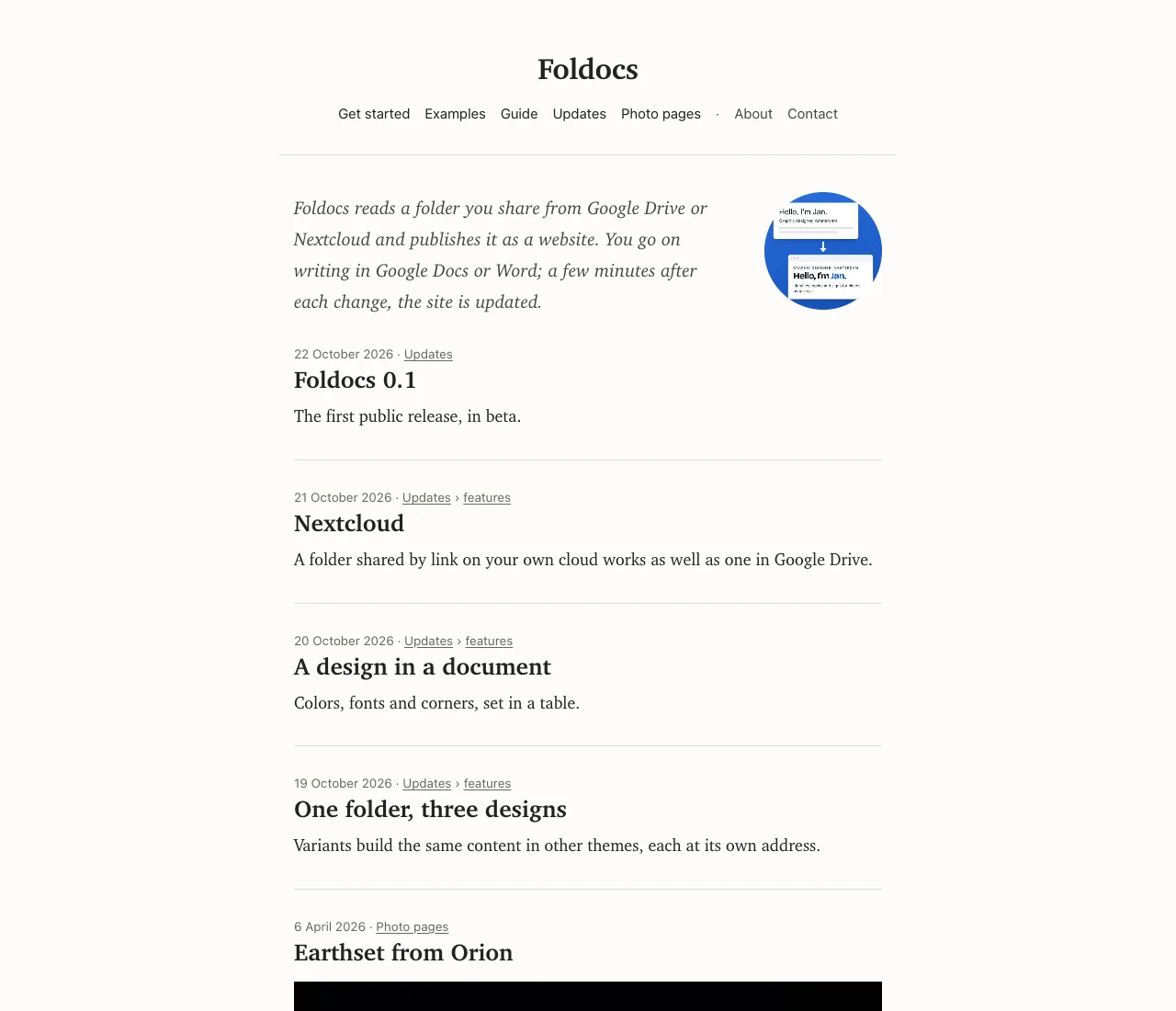 The same site as a one-column blog