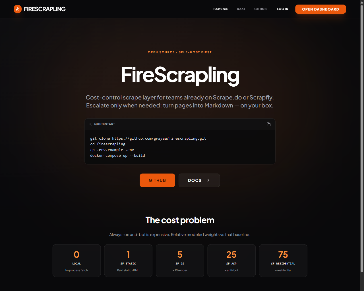 FireScrapling landing — open source, self-host first