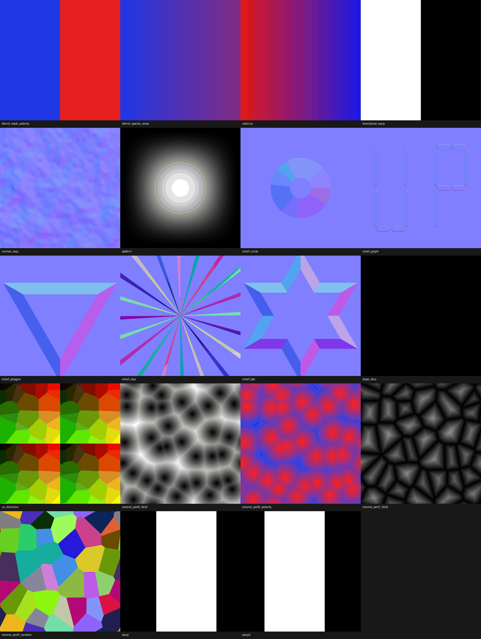 Contact sheet of the 19 debug swatches, one node isolated per tile