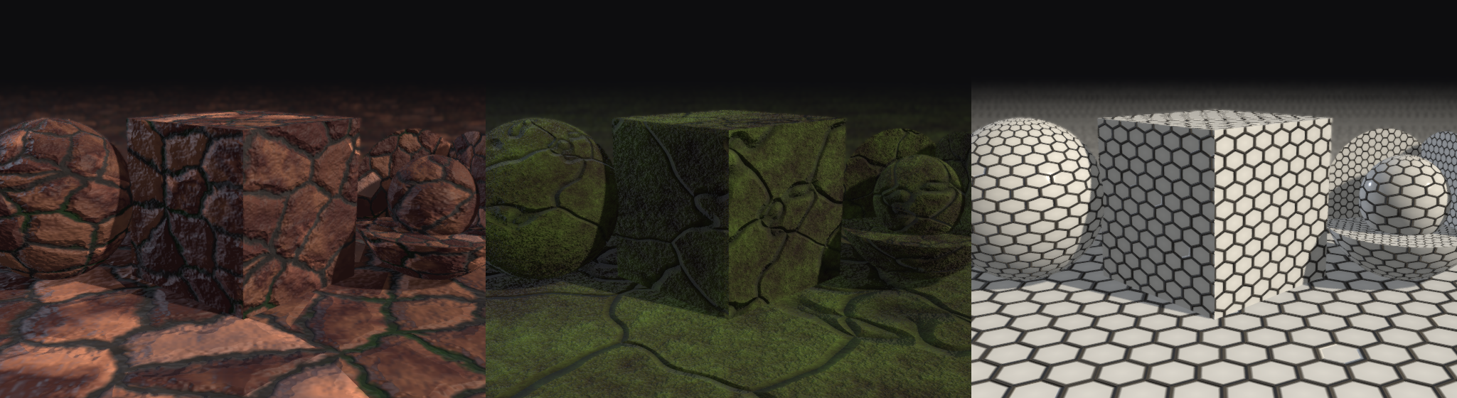 Cobblestone, moss, and ceramic-tile materials authored by the server and rendered in 3D