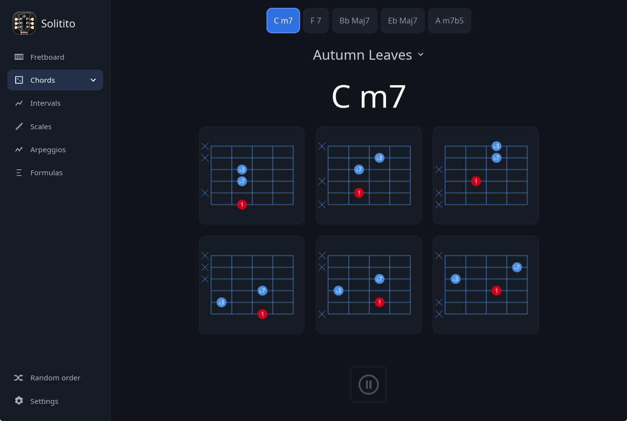 Solitito, Chords mode: shell voicings, one column per root string