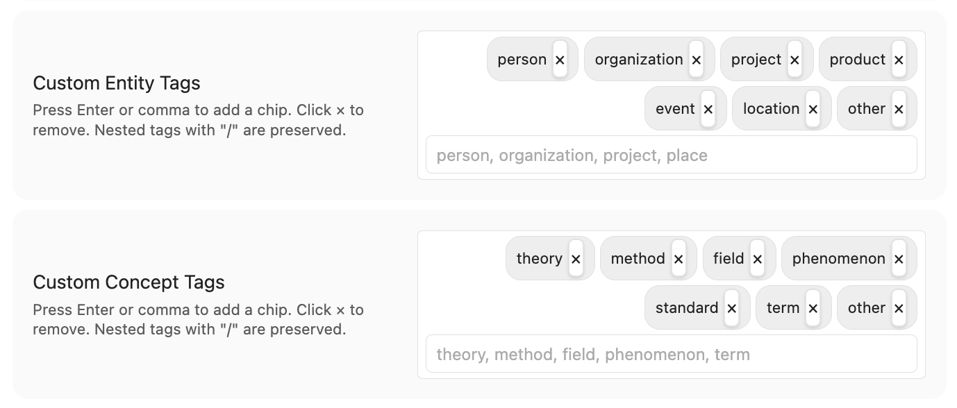 Custom tag vocabulary chip inputs