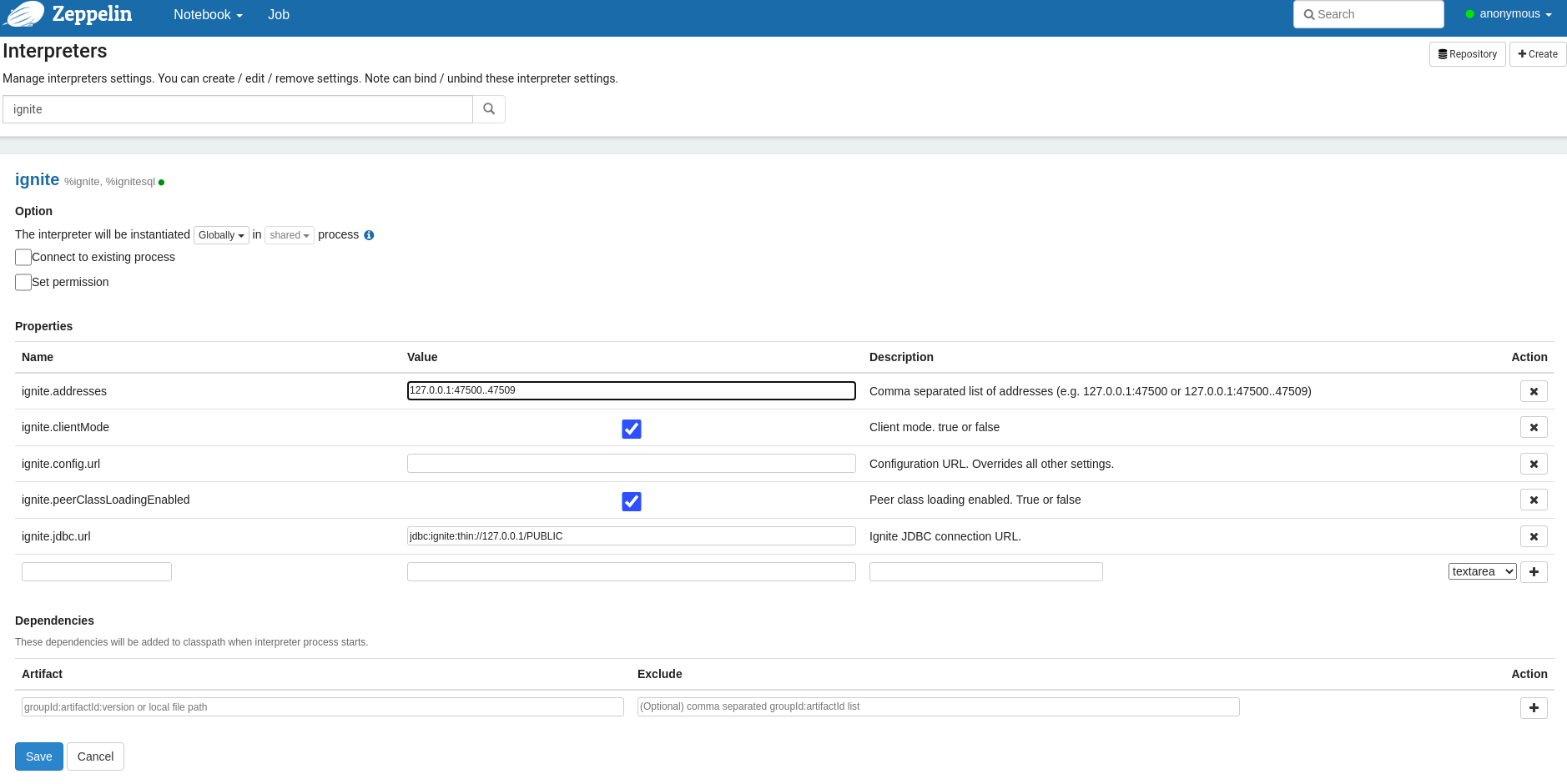 Set ignite interpreter in Zeppelin