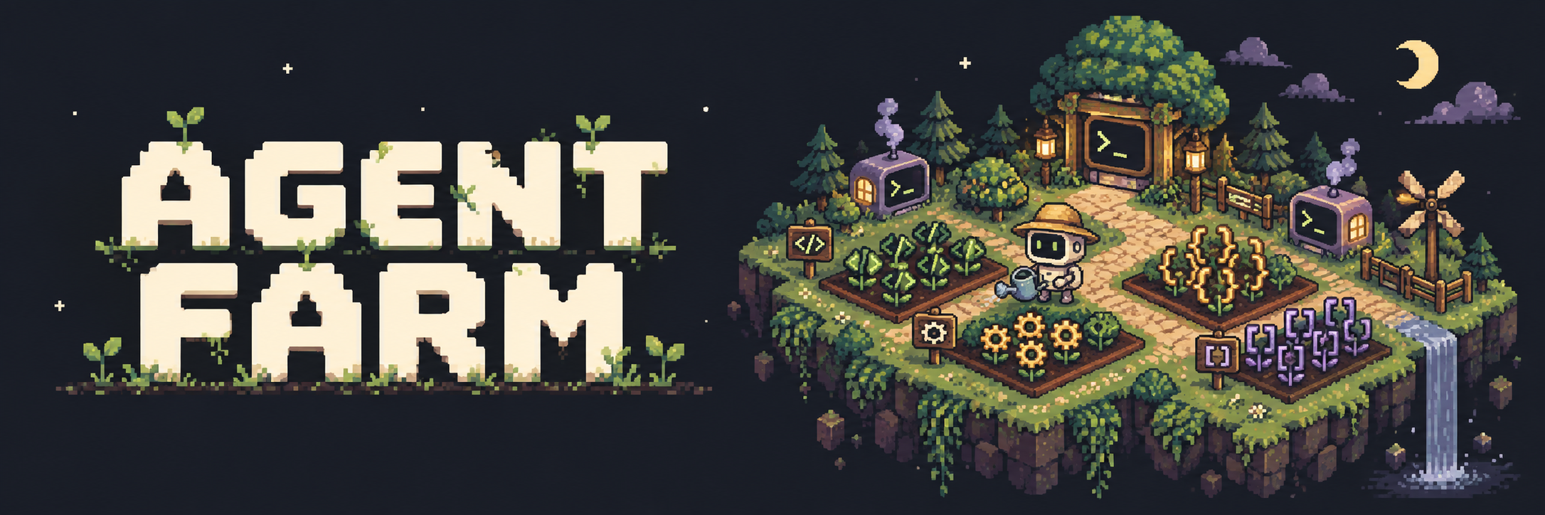 Agent Farm — a pixel-art robot tending skill crops beside native terminal huts