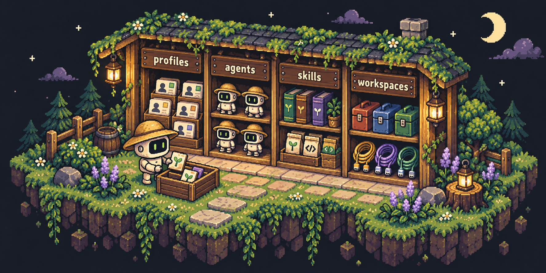 A pixel-art farm shed organizing profiles, agents, skills, and workspaces into four labeled compartments