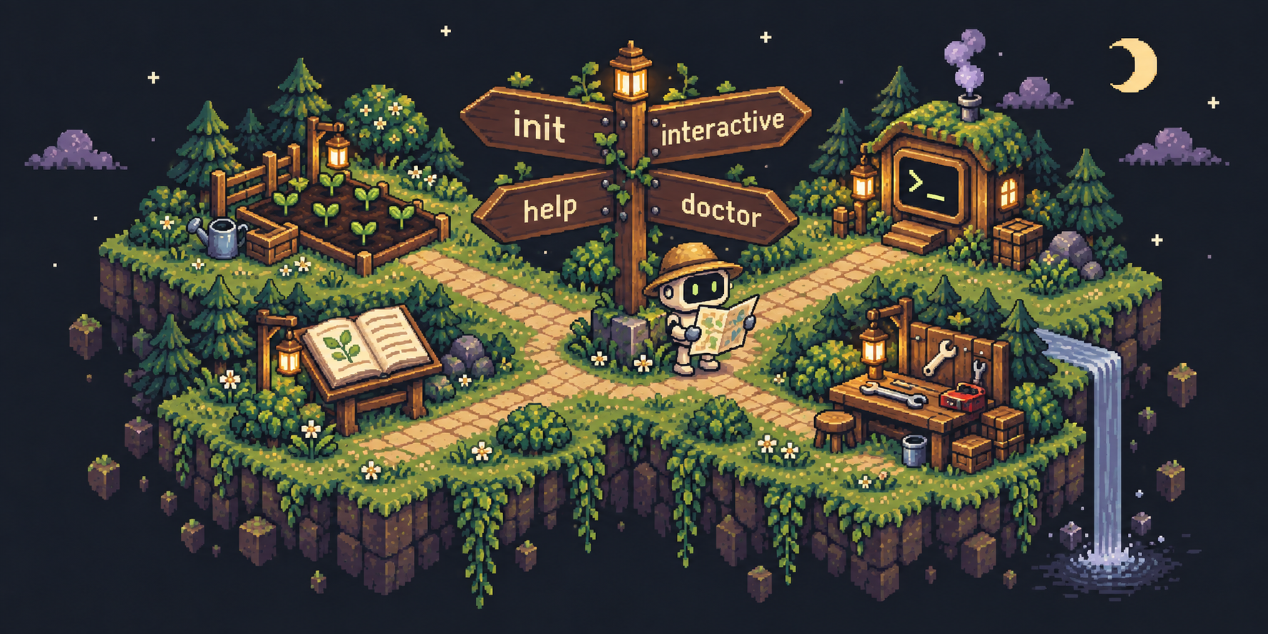 A pixel-art farm crossroads with signs for init, interactive, help, and doctor