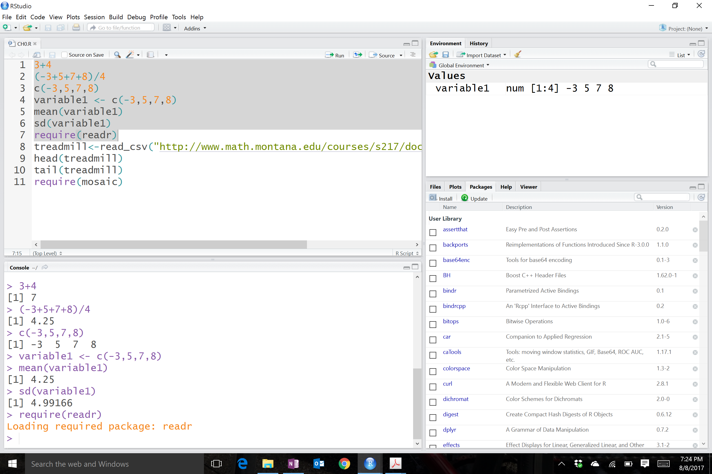 RStudio with highlighted code run.