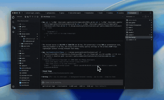 Tortie closing while its coding-agent sessions continue running, then reconnecting to them
