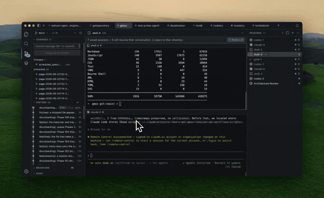 Tortie switching between project tabs, each with its own files and coding-agent sessions