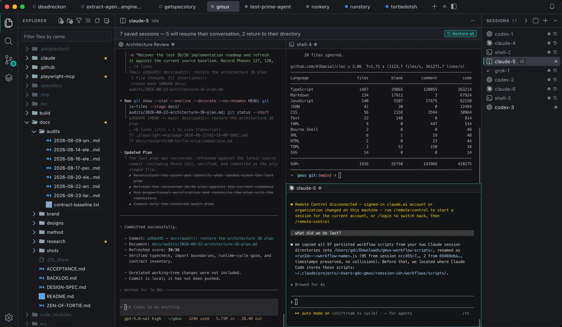Tortie showing one project with files, several durable coding-agent sessions, restored conversations and split terminals in one window