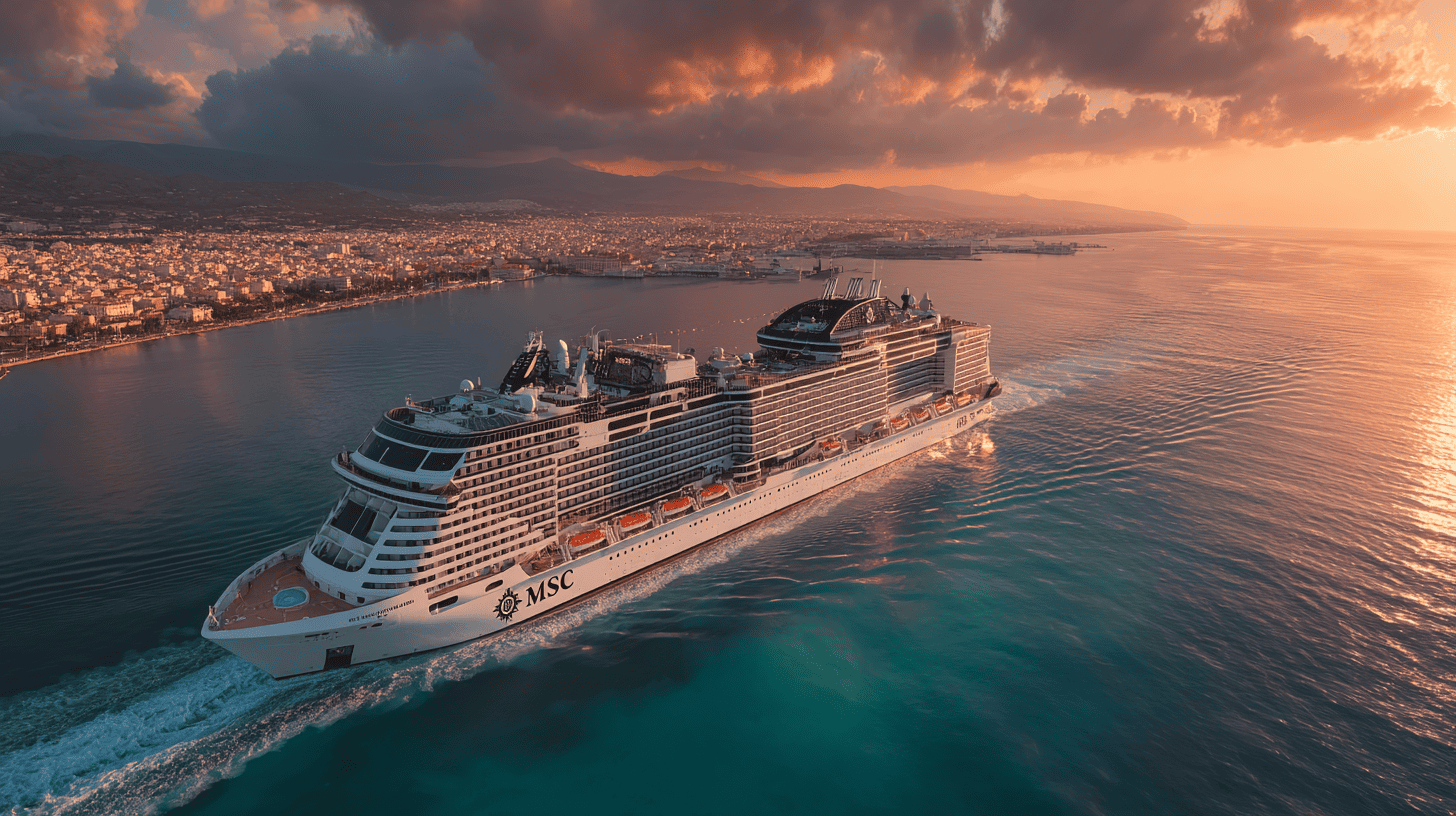 MSC World Europa navire de croisière moderne voguant en mer Méditerranée au coucher du soleil