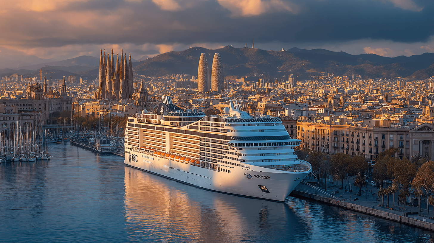 MSC World Europa amarré au port de Barcelone avec la Sagrada Familia en arrière-plan croisière Méditerranée