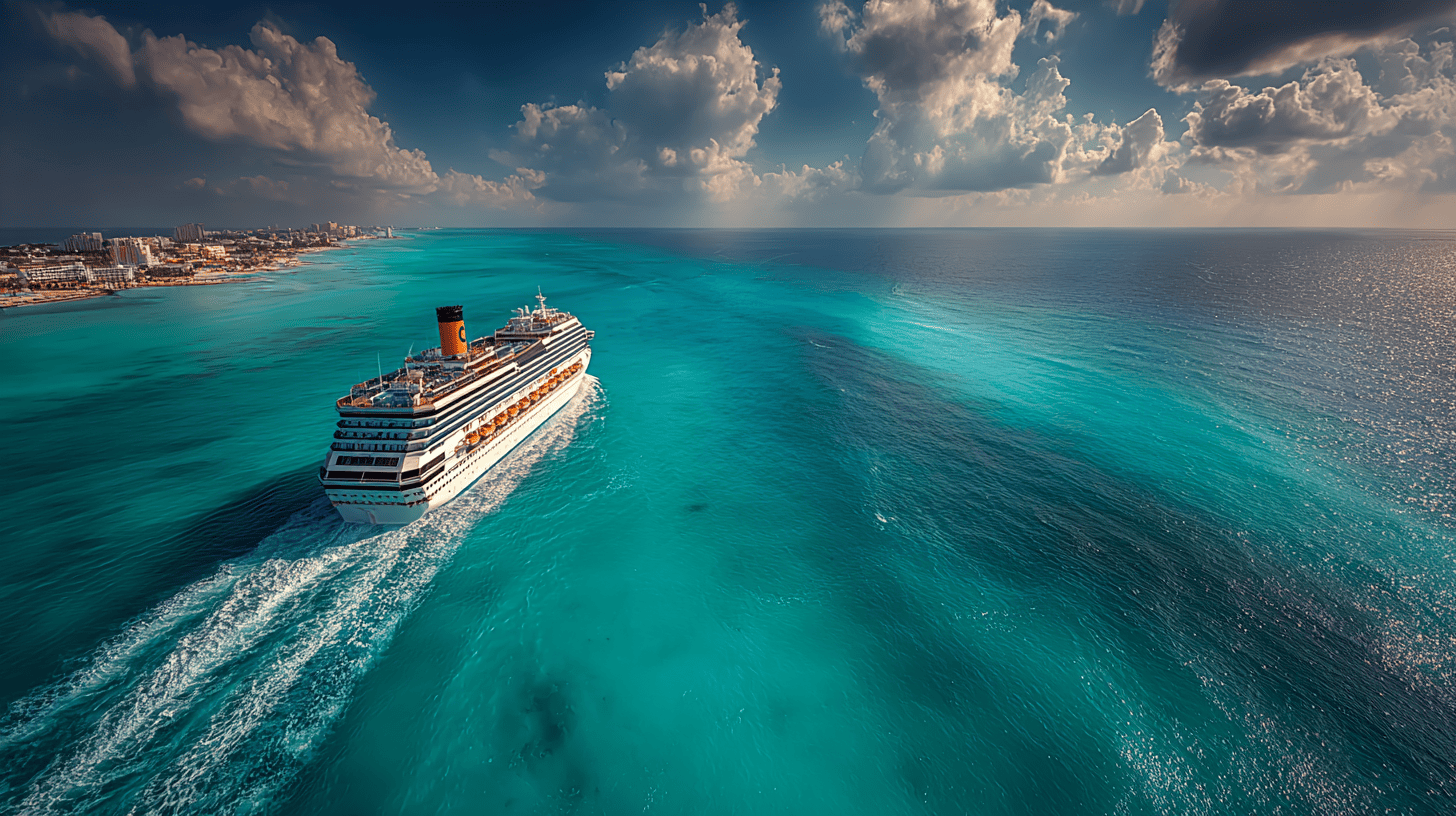Navire Costa Croisières naviguant dans les eaux turquoise des Caraïbes avec ciel bleu et passagers sur les ponts extérieurs