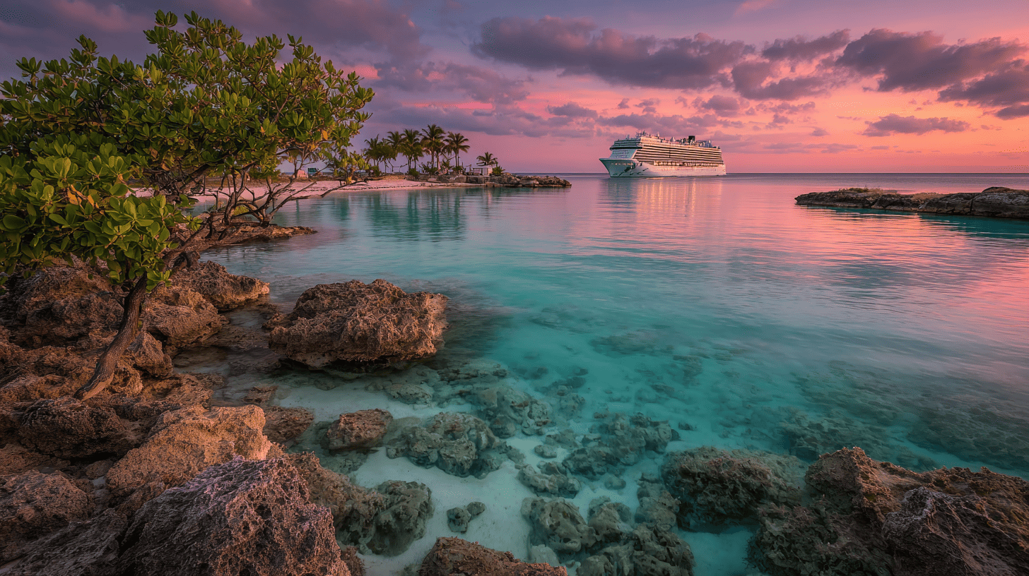 Navire Utopia of the Seas de Royal Caribbean naviguant au coucher du soleil avec ses innovations technologiques visibles