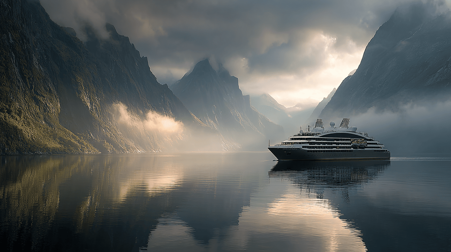 Navire d'expédition Ponant naviguant dans des eaux polaires entouré de montagnes enneigées, similaire aux conditions de navigation en Antarctique