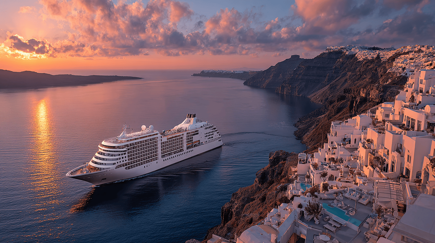 Navire de croisière luxe Silver Muse au coucher de soleil à Santorin, représentant le segment haut de gamme des agences croisière spécialisées Navire de croisière luxe Silver Muse au coucher de soleil à Santorin, représentant le segment haut de gamme des agences croisière spécialisées