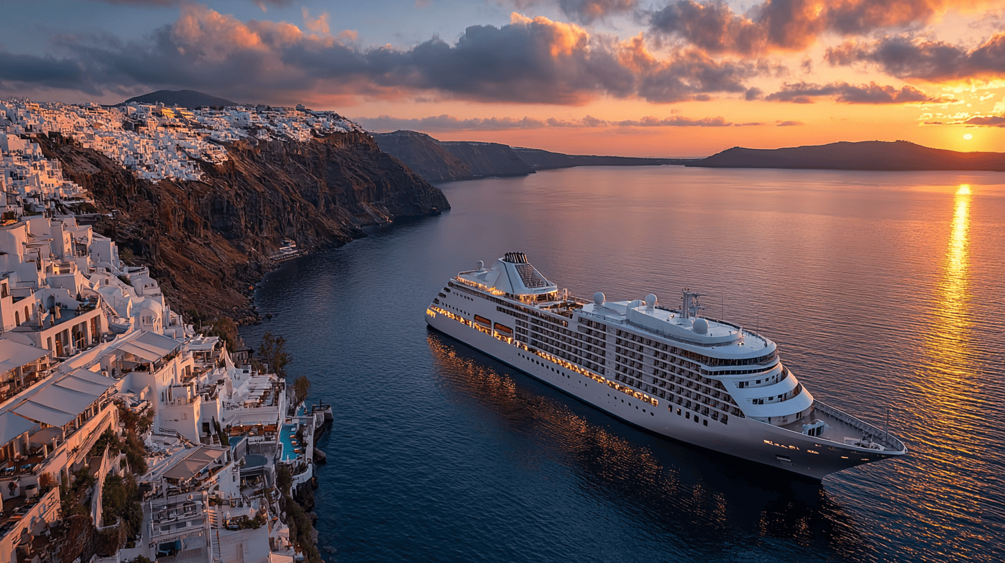 Navire de croisière Silversea Silver Muse au coucher du soleil devant Santorin avec les maisons blanches et les dômes bleus, escale croisière Europe légendaire