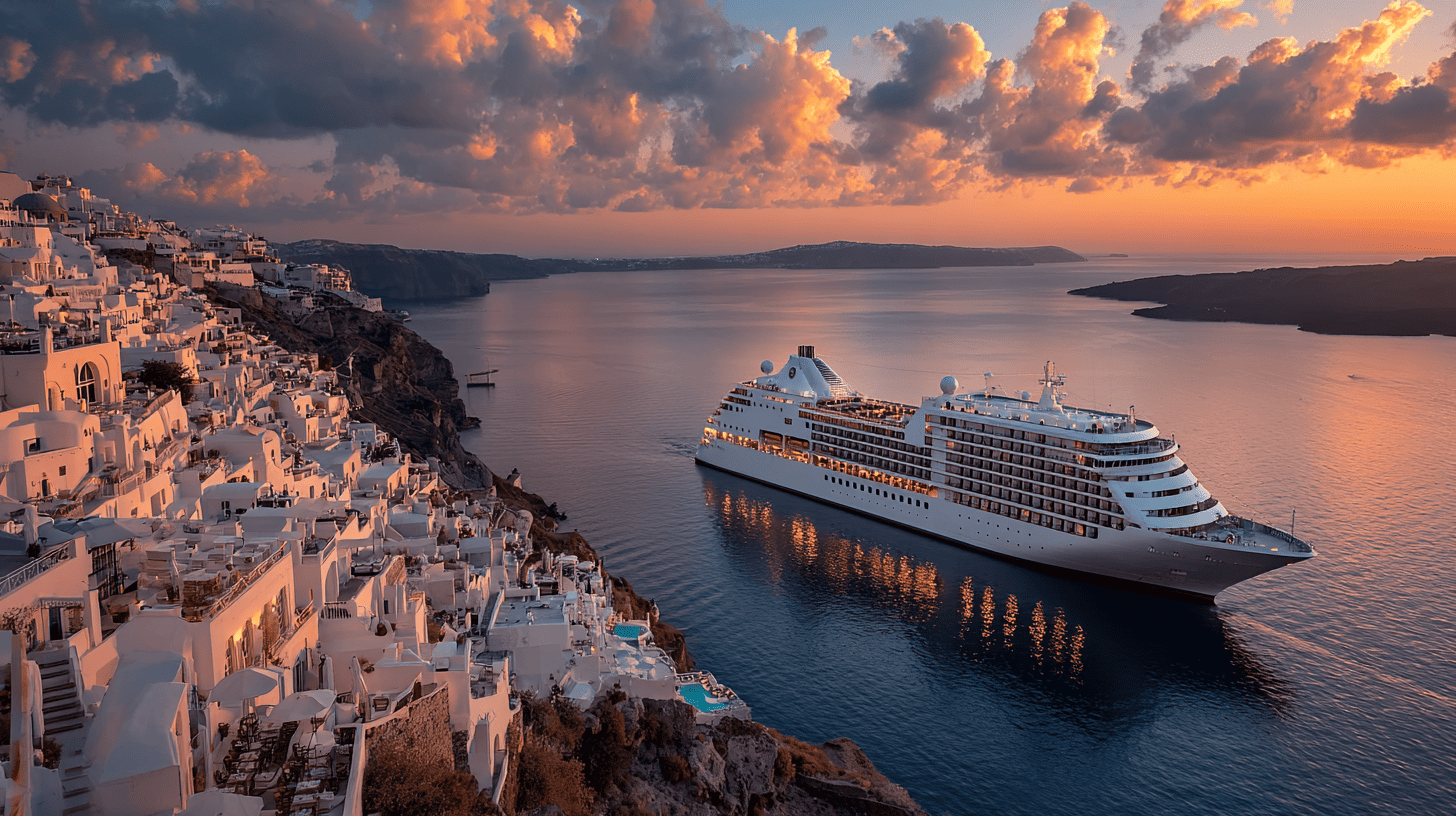 Navire de croisière de luxe Silver Muse au coucher de soleil près de Santorin en Grèce, illustrant les croisières haut de gamme en Méditerranée orientale avec vue sur les maisons blanches typiques