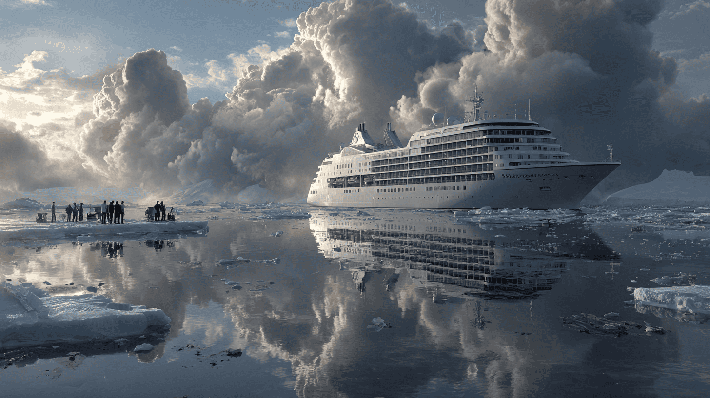 Navire d'expédition Silversea naviguant entre des icebergs en Antarctique, illustration du voyage polaire de luxe au bout du monde