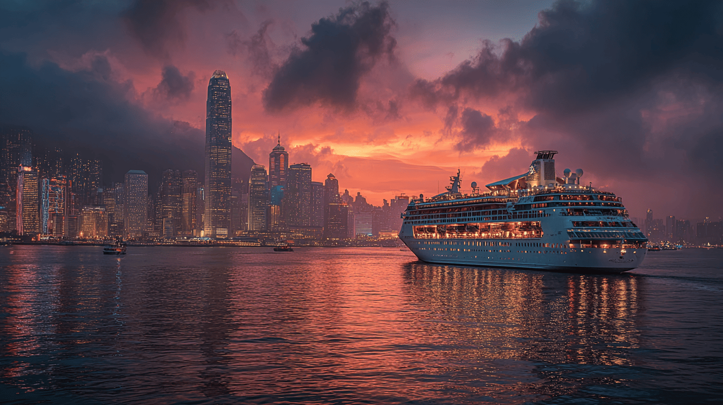 Escale Hong Kong croisière tour du monde 365 jours Navire de croisière dans le port de Hong Kong avec le Victoria Harbour et les gratte-ciels illuminés en arrière-plan, escale emblématique d'un tour du monde de 365 jours