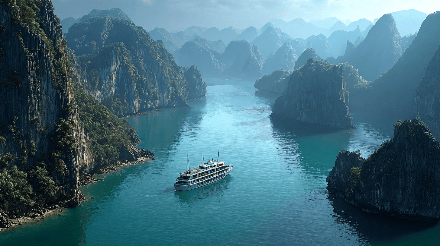 Navire de croisière ancré près de la baie d'Ha Long au Vietnam, paysage karstique du Mékong avec falaises calcaires