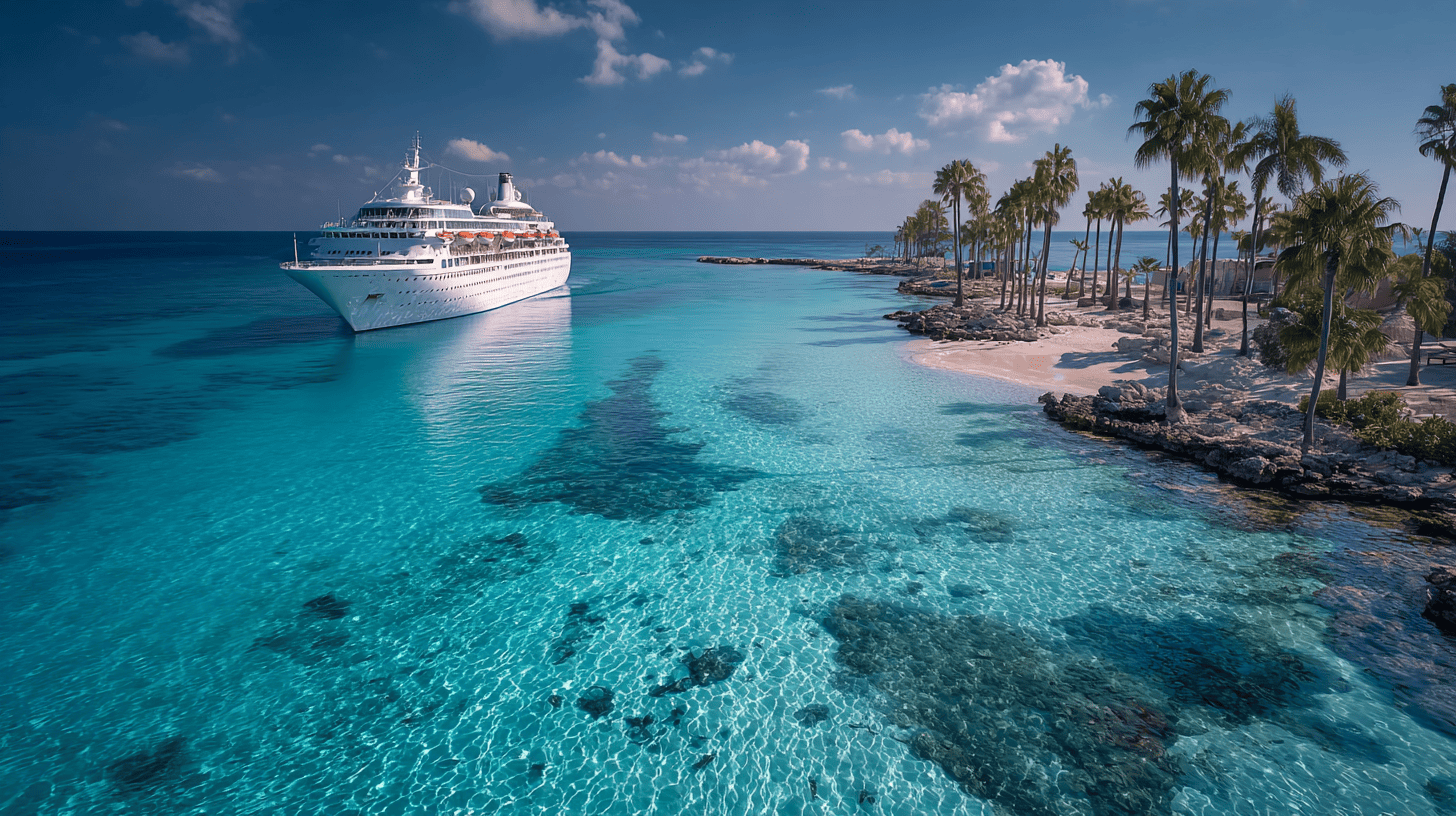 Navire de croisière de luxe ancré dans un lagon turquoise des Caraïbes avec plage de sable blanc et palmiers pour voyage de noces romantique