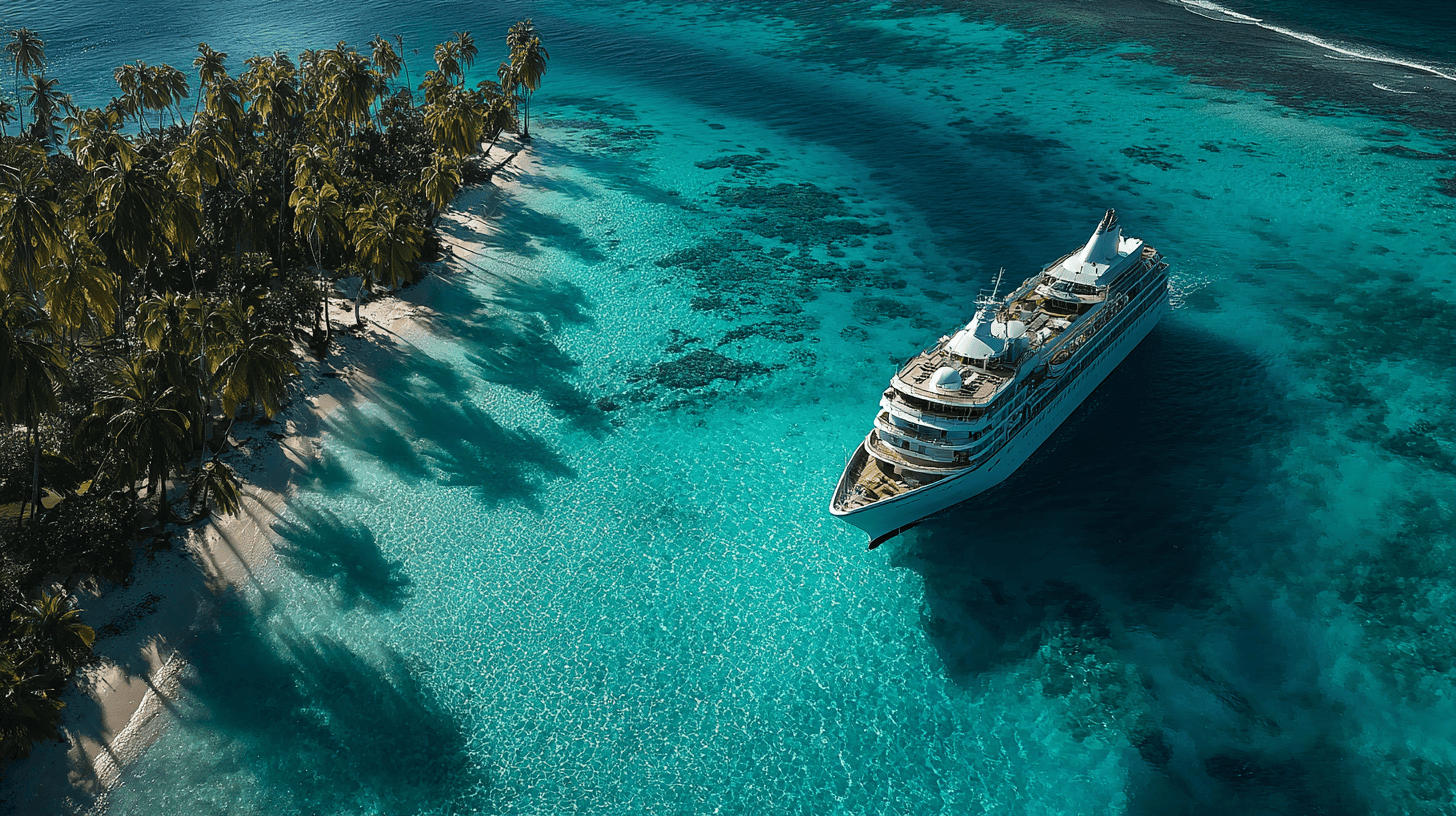 Escale Caraïbes tour du monde MSC World Cruise Navire de croisière dans un lagon turquoise des Caraïbes entouré de palmiers, escale typique d'un tour du monde MSC lors de la traversée caraïbe