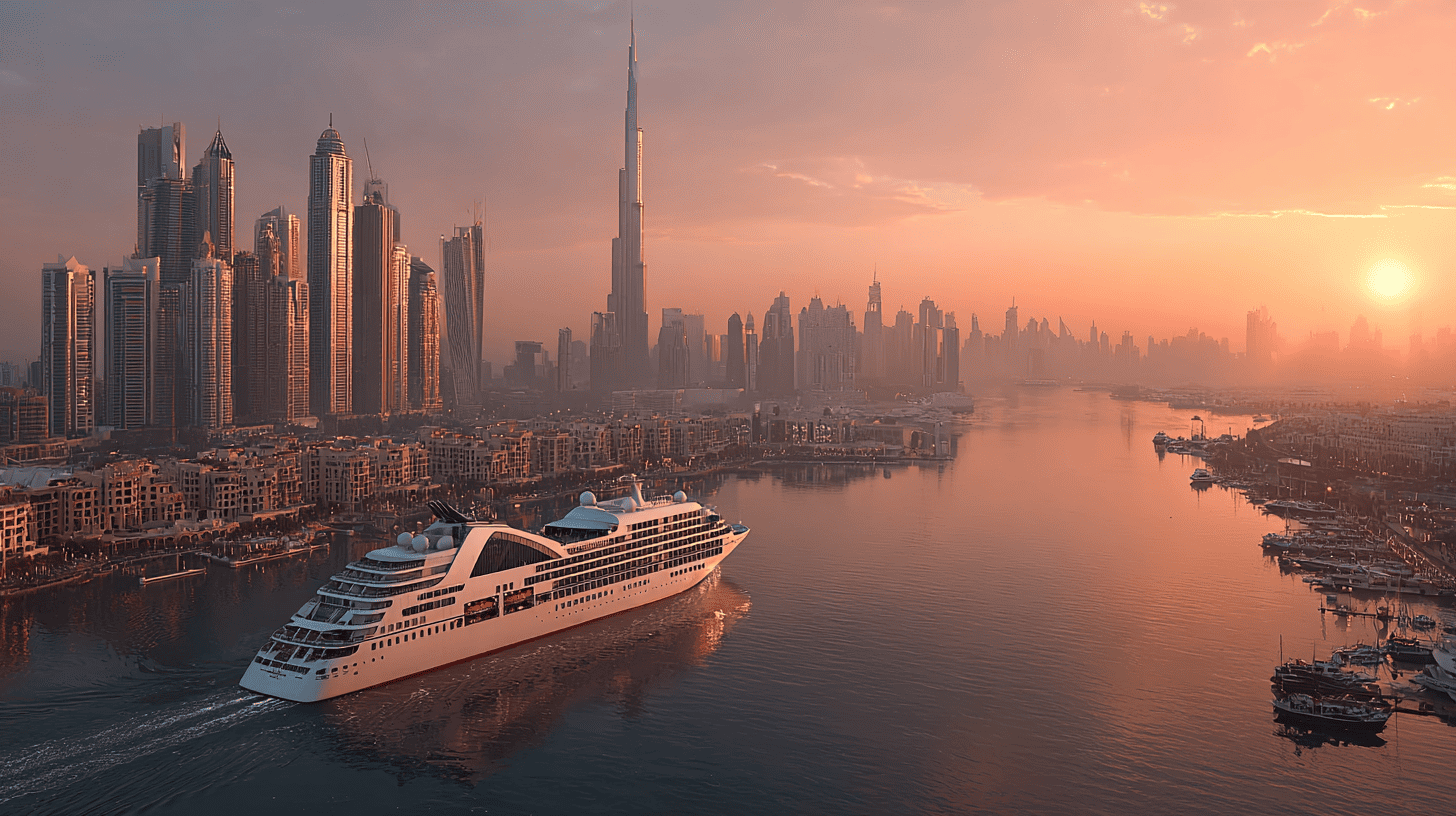 Grand navire de croisière de luxe au terminal de Dubaï avec le Burj Khalifa visible en arrière-plan, destination de croisière romantique pour les couples